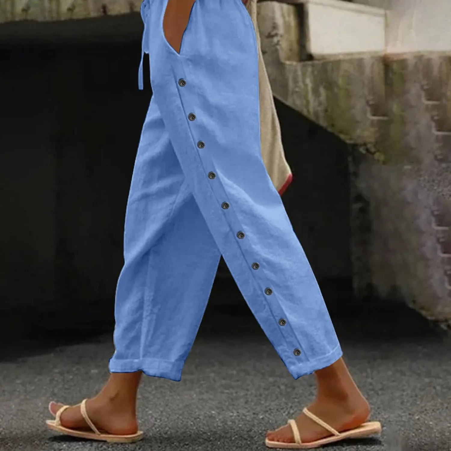 Linen Pants Women Petite Elastic Waisted Trousers Lightweight Summer Pants Dressy Palazzo Pant Beach Vacation Outfit