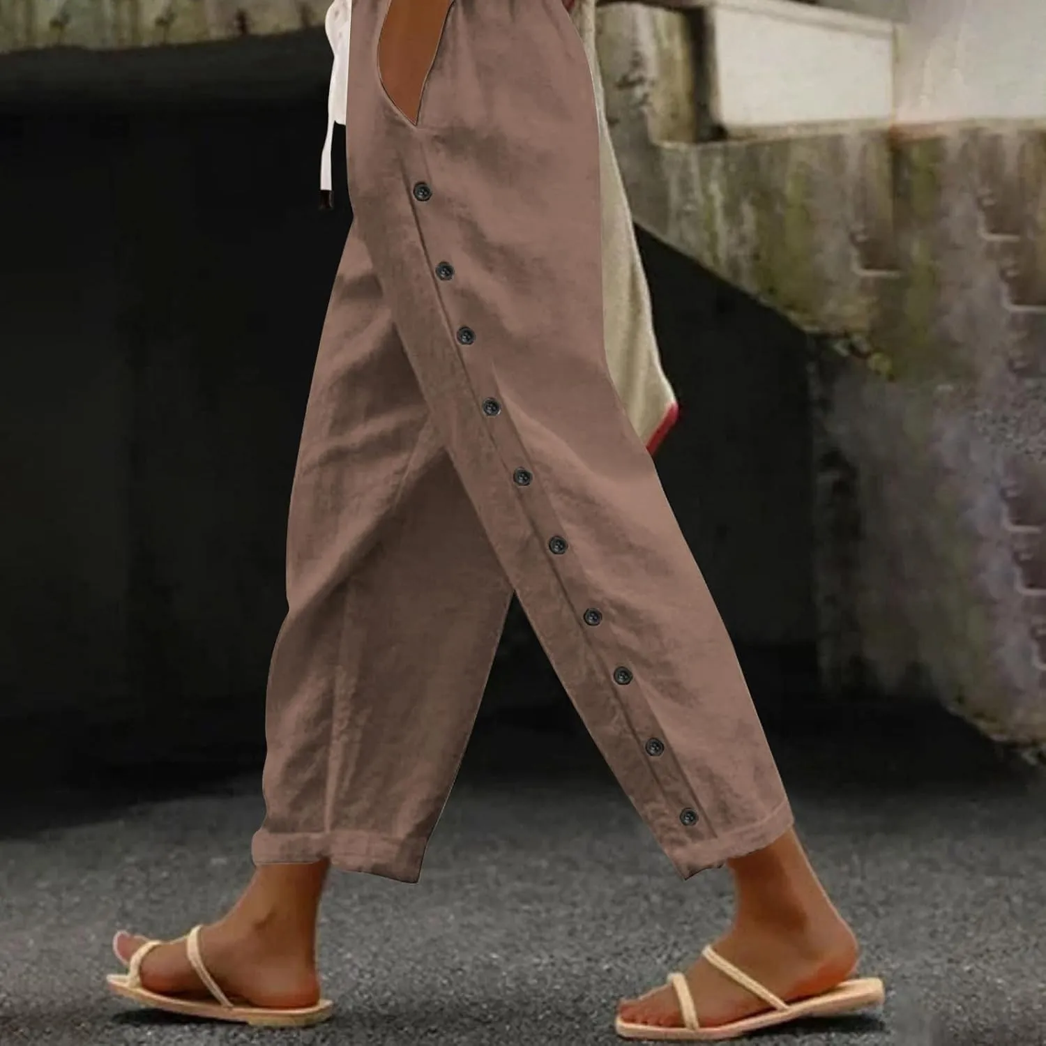 Linen Pants Women Petite Elastic Waisted Trousers Lightweight Summer Pants Dressy Palazzo Pant Beach Vacation Outfit