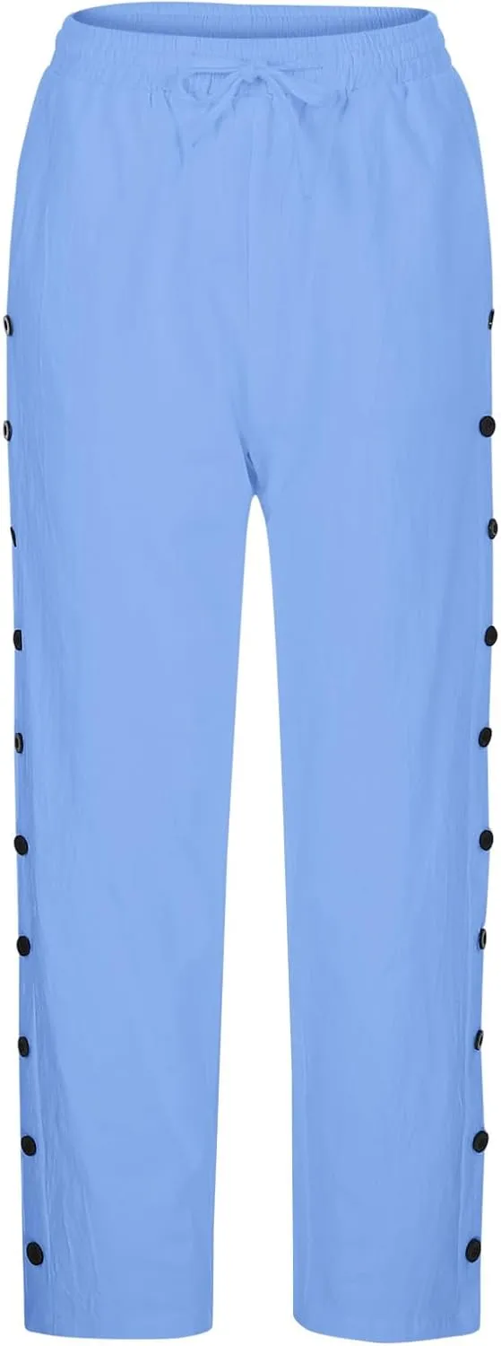 Linen Pants Women Petite Elastic Waisted Trousers Lightweight Summer Pants Dressy Palazzo Pant Beach Vacation Outfit