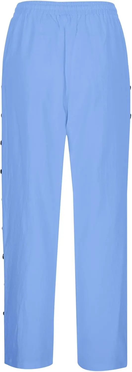 Linen Pants Women Petite Elastic Waisted Trousers Lightweight Summer Pants Dressy Palazzo Pant Beach Vacation Outfit