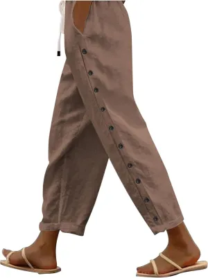 Linen Pants Women Petite Elastic Waisted Trousers Lightweight Summer Pants Dressy Palazzo Pant Beach Vacation Outfit