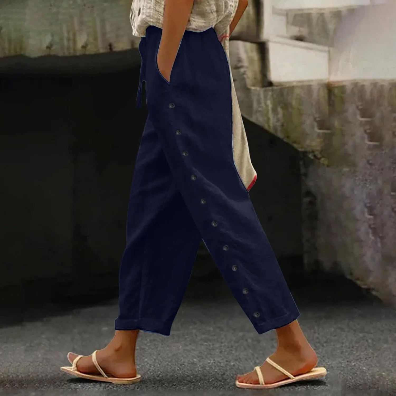 Linen Pants Women Petite Elastic Waisted Trousers Lightweight Summer Pants Dressy Palazzo Pant Beach Vacation Outfit