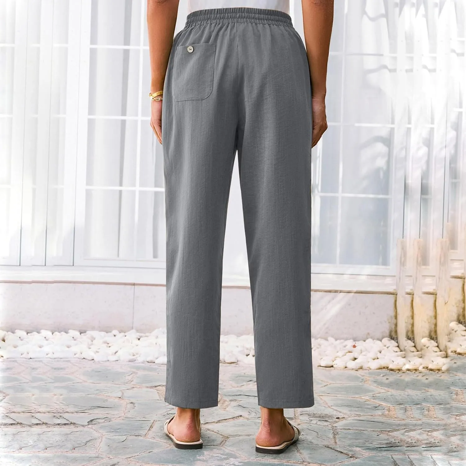 Linen Pants Women Summer,Wide Leg Casual Cotton Linen Pants High Waisted Drawstring Lounge Pants Beach Trousers