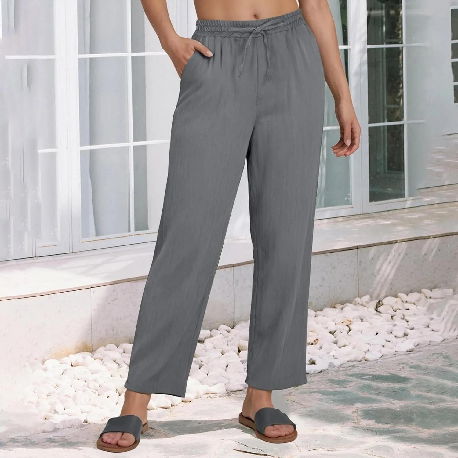 Linen Pants Women Summer,Wide Leg Casual Cotton Linen Pants High Waisted Drawstring Lounge Pants Beach Trousers