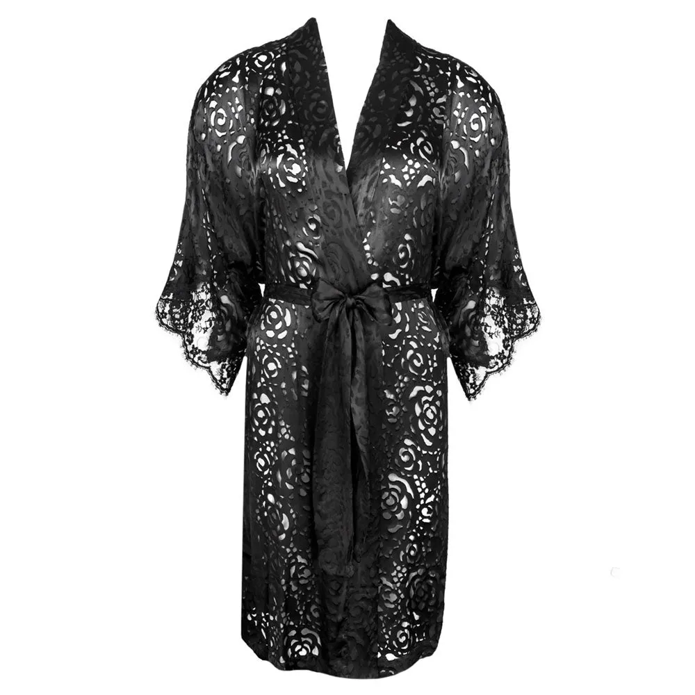 Lise Charmel 'Dressing Floral' Black Silk Robe/Dressing Gown