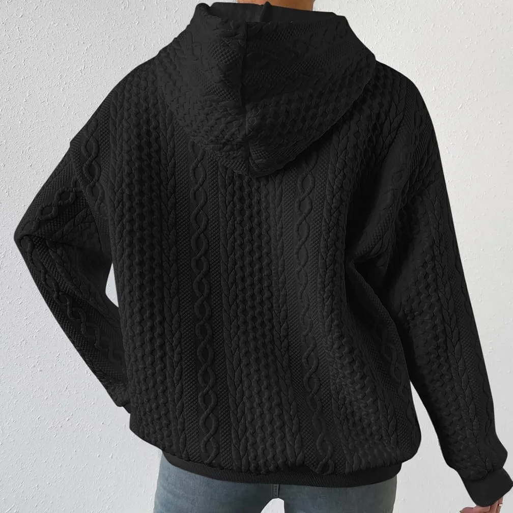 LOFAAC Women Oversized Fleece Cable Knit Hoodies Sweatshirt Casual Long Sleeve Drop Shoulder Textured Pullover Sweater