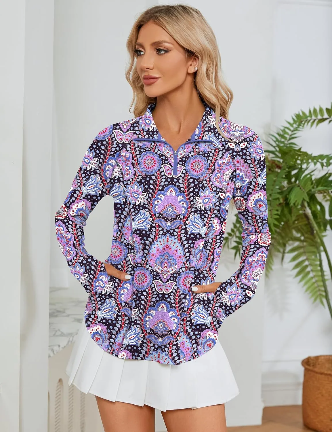 LOMON Women Long Sleeve Shirts Sun Protection 1/4 Zip Summer Quick Dry Hiking Shirts Quarter Zip Pullover for Women