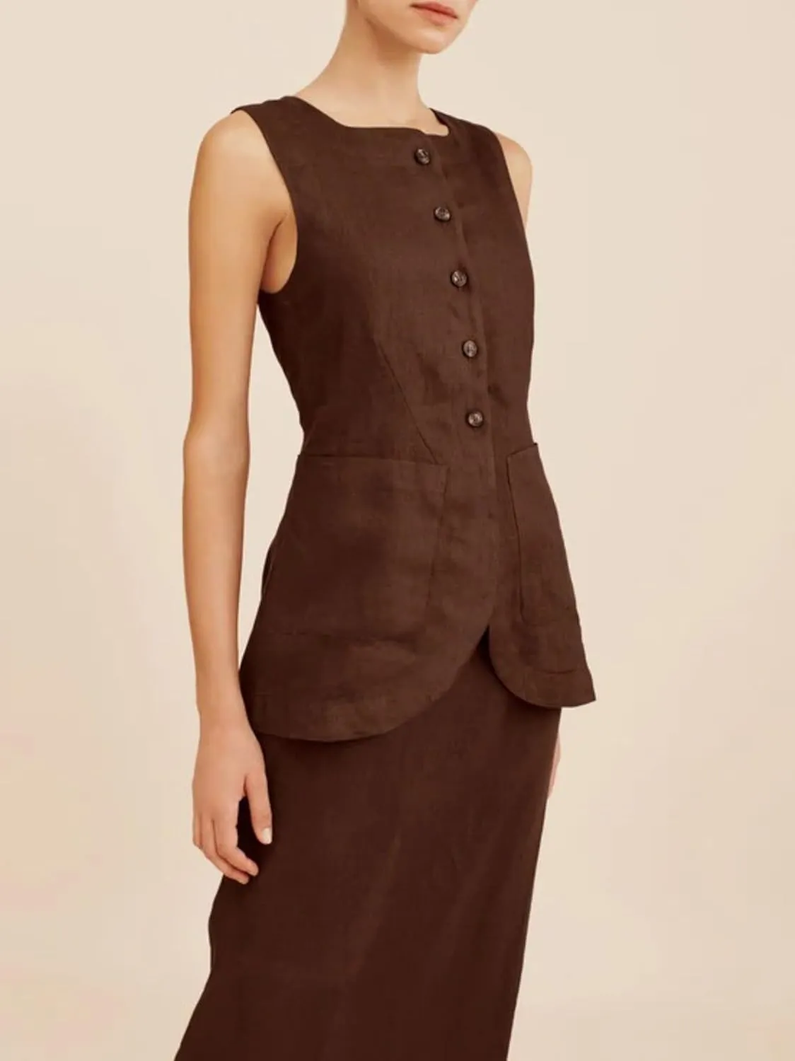 Long Linen Waistcoat Vest for Women - 2 Piece Sets Summer Casual High Neck Button Down Sleeveless Tops Maxi Skirt Set