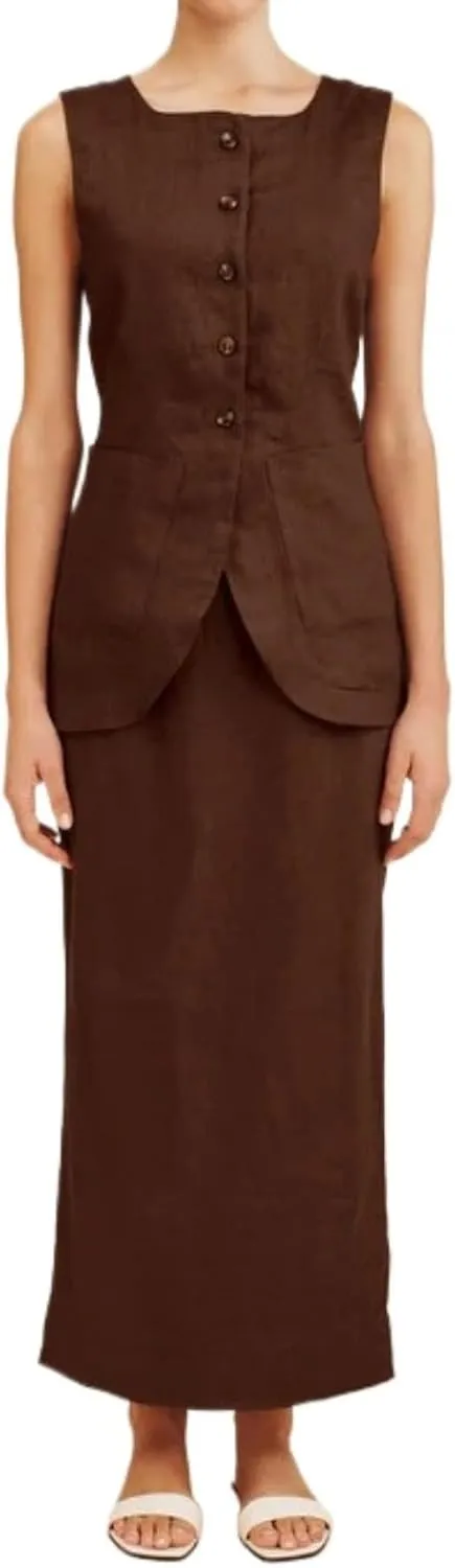 Long Linen Waistcoat Vest for Women - 2 Piece Sets Summer Casual High Neck Button Down Sleeveless Tops Maxi Skirt Set