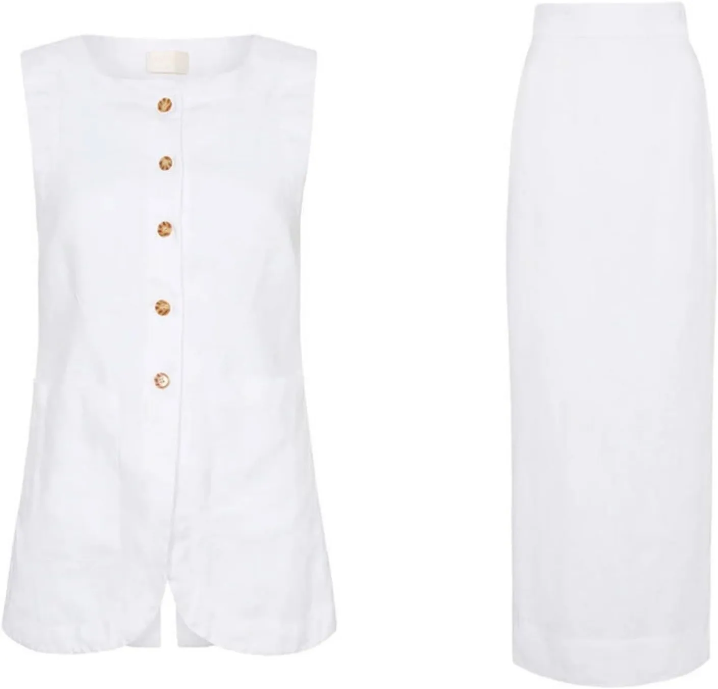 Long Linen Waistcoat Vest for Women - 2 Piece Sets Summer Casual High Neck Button Down Sleeveless Tops Maxi Skirt Set
