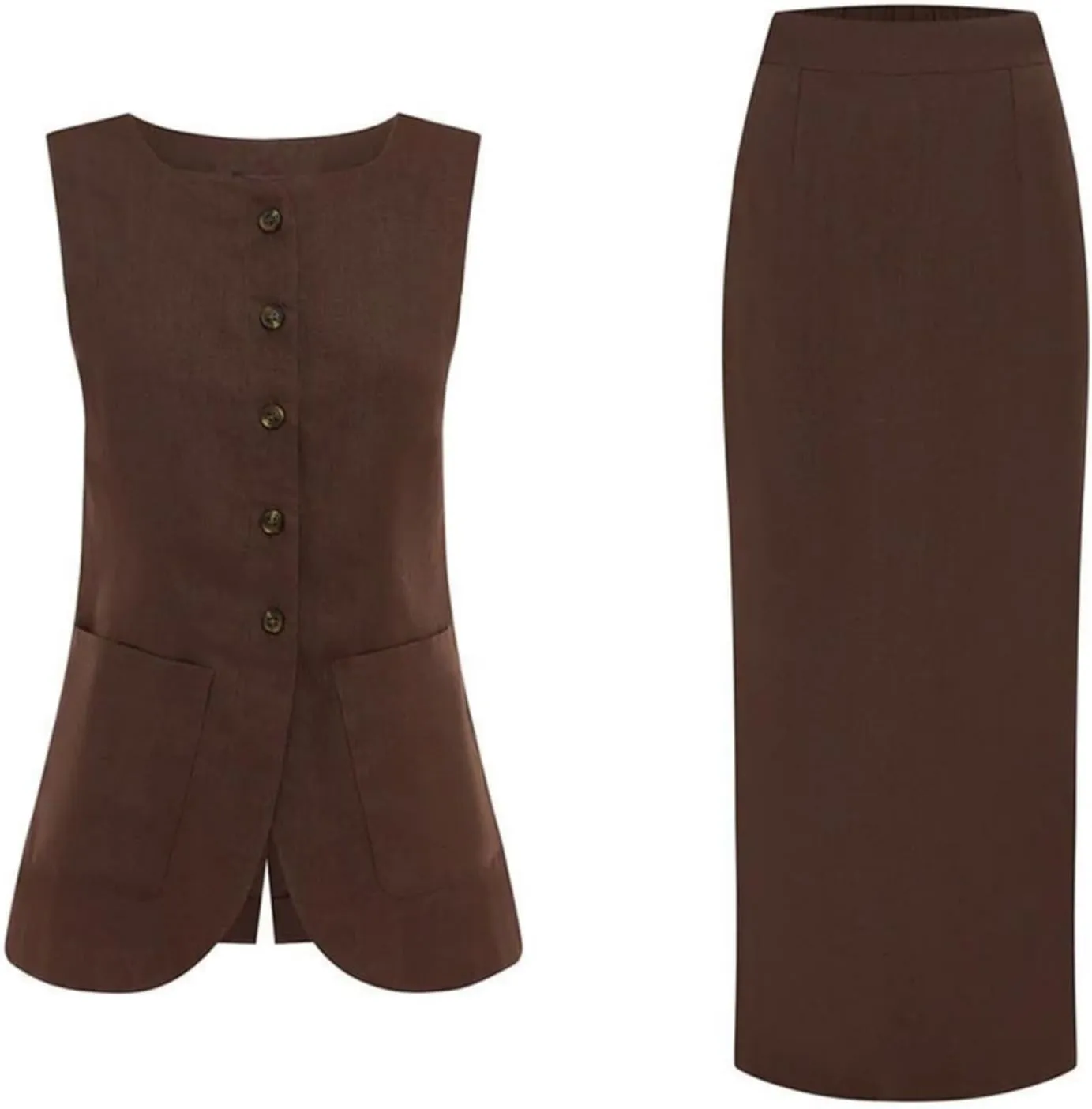 Long Linen Waistcoat Vest for Women - 2 Piece Sets Summer Casual High Neck Button Down Sleeveless Tops Maxi Skirt Set