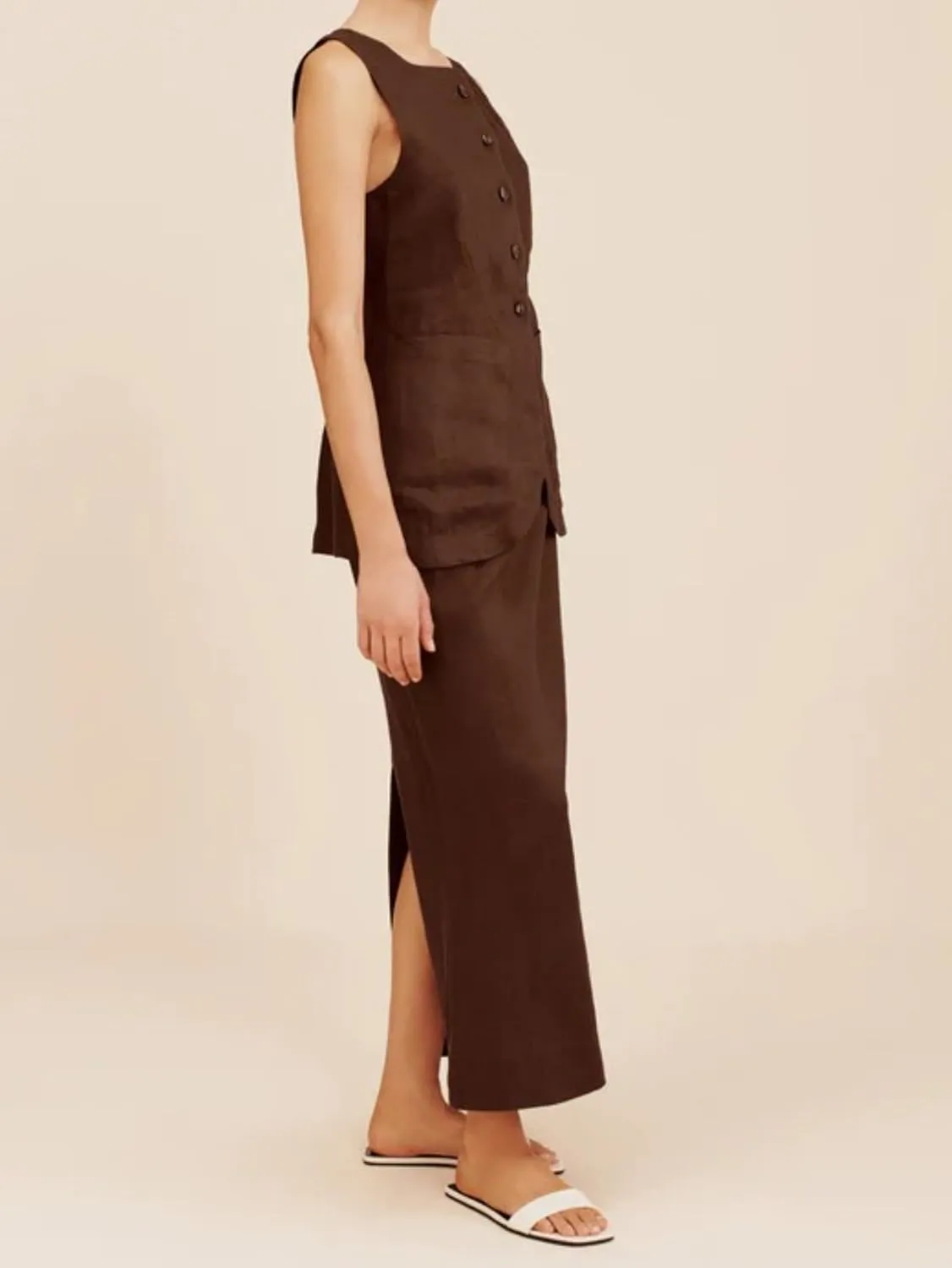 Long Linen Waistcoat Vest for Women - 2 Piece Sets Summer Casual High Neck Button Down Sleeveless Tops Maxi Skirt Set