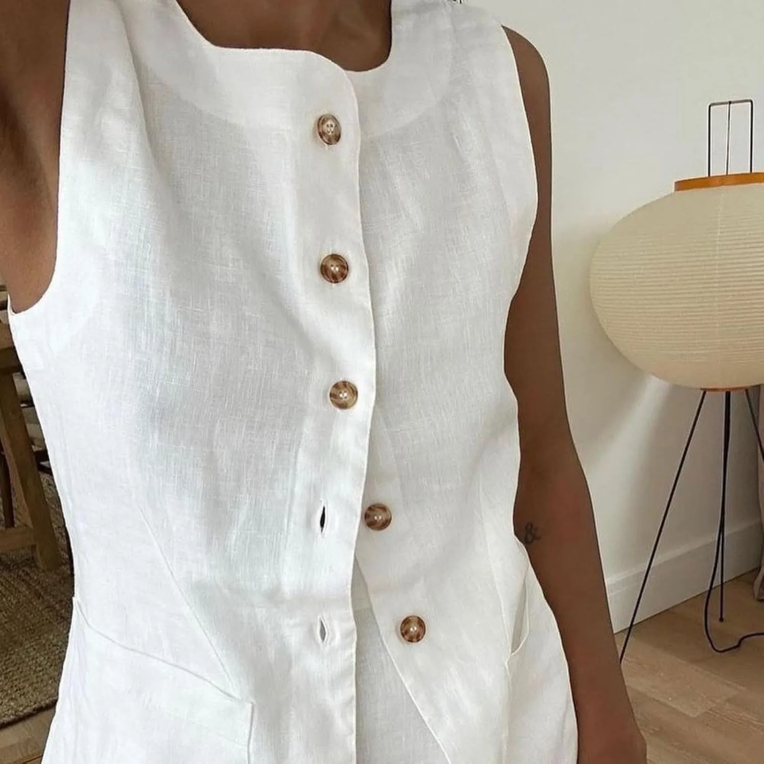 Long Linen Waistcoat Vest for Women - 2 Piece Sets Summer Casual High Neck Button Down Sleeveless Tops Maxi Skirt Set