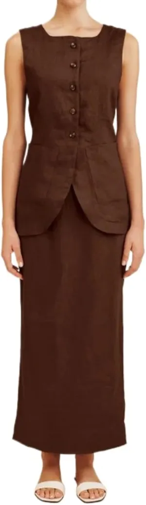 Long Linen Waistcoat Vest for Women - 2 Piece Sets Summer Casual High Neck Button Down Sleeveless Tops Maxi Skirt Set