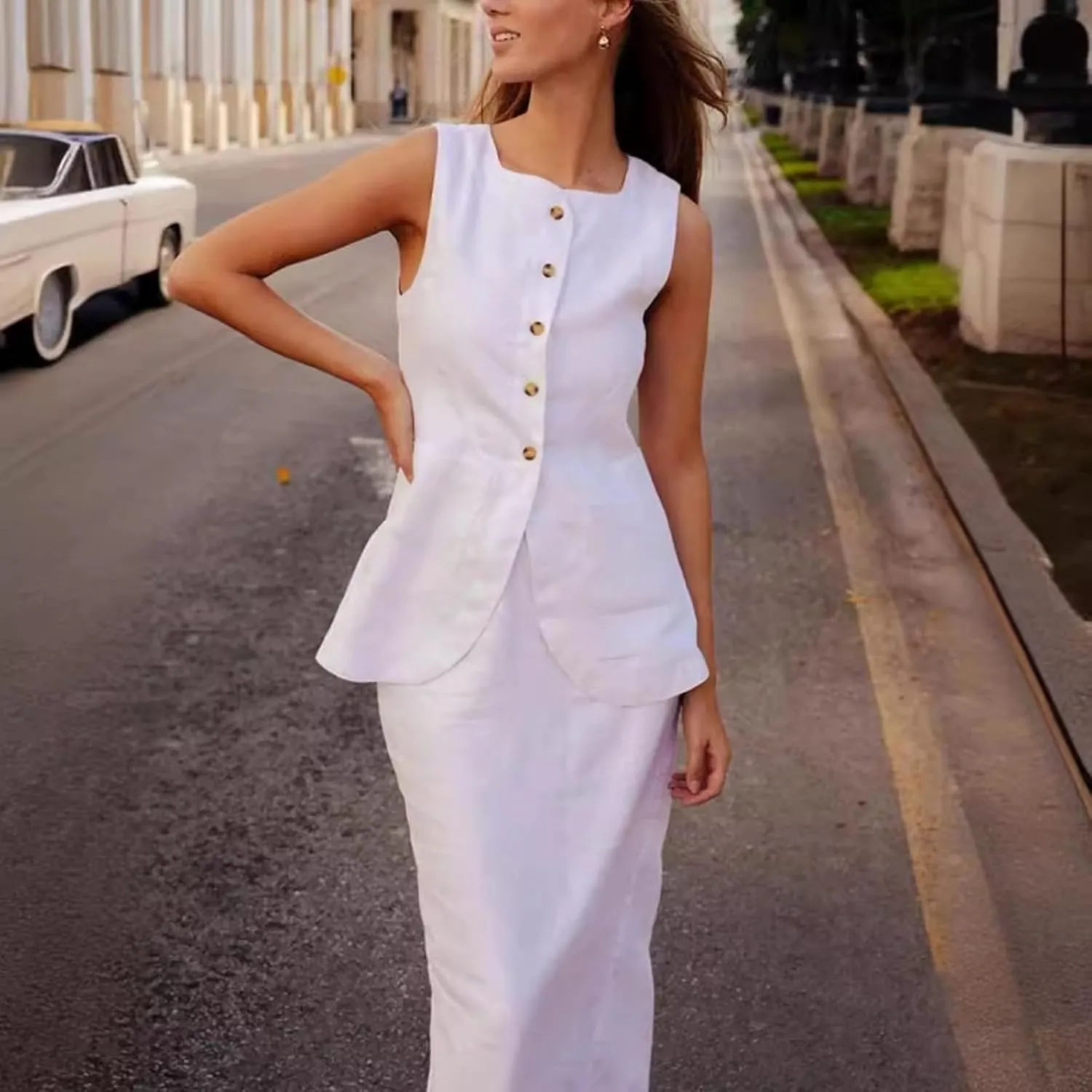 Long Linen Waistcoat Vest for Women - 2 Piece Sets Summer Casual High Neck Button Down Sleeveless Tops Maxi Skirt Set