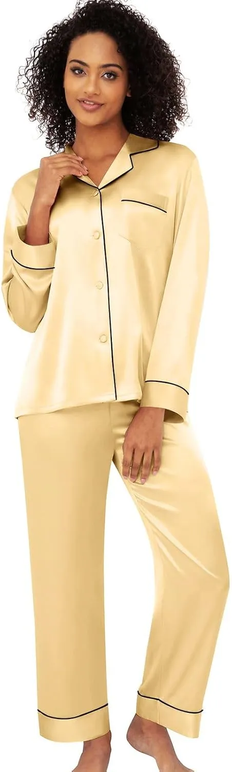 Lonxu Silk Satin Womens Pajama Sets Button Down Sleepwear Loungewear XS~3XL