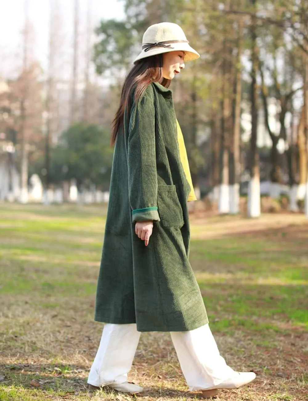 LUZU JUNU Women's Corduroy Trench Coat Lightweight Long Sleeve Single Breasted Loose Fit Jacket