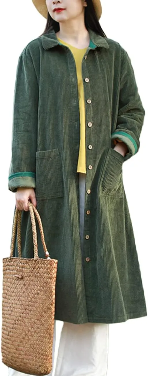 LUZU JUNU Women's Corduroy Trench Coat Lightweight Long Sleeve Single Breasted Loose Fit Jacket