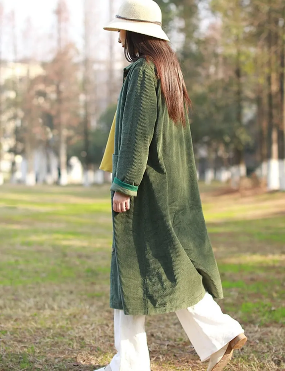 LUZU JUNU Women's Corduroy Trench Coat Lightweight Long Sleeve Single Breasted Loose Fit Jacket
