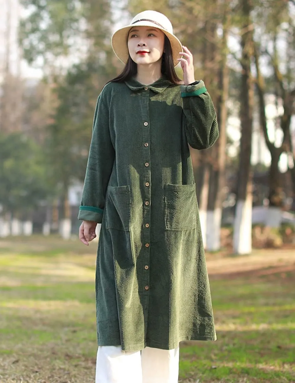 LUZU JUNU Women's Corduroy Trench Coat Lightweight Long Sleeve Single Breasted Loose Fit Jacket