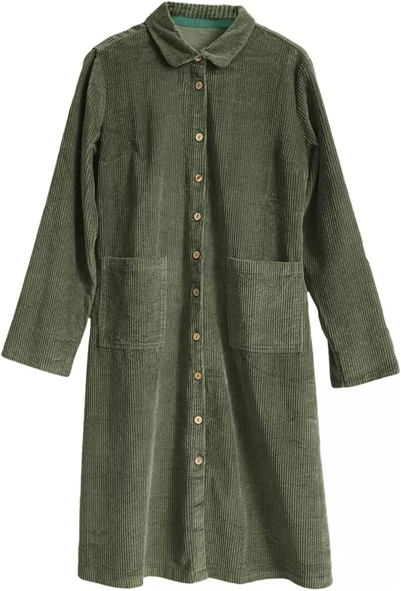 LUZU JUNU Women's Corduroy Trench Coat Lightweight Long Sleeve Single Breasted Loose Fit Jacket