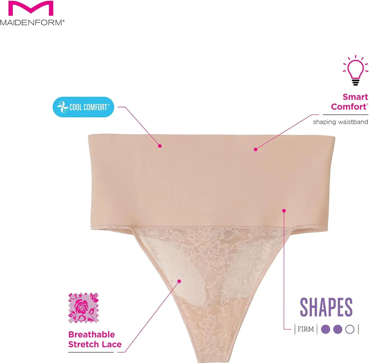 Maidenform Women's Shapewear Thong, Tummy Control Underwear , Breathable Stretch Lace Firm Control Thong Shapewear
