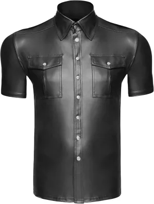 Maiyifu-GJ Men Shiny Metallic Button Down T Shirt Faux Leather Short Sleeve Dress Shirts Luxury Slim Nightclub Party Shirts