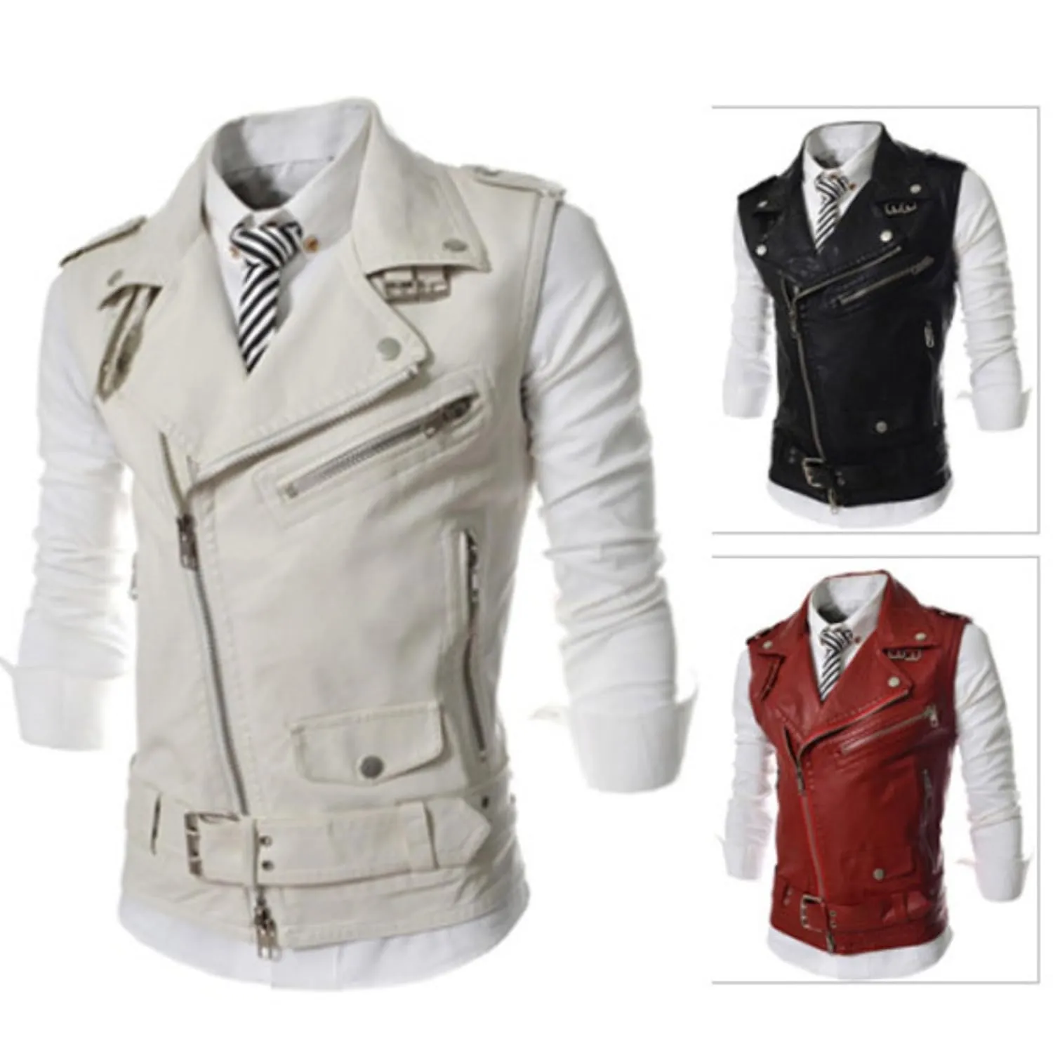 Maiyifu-GJ Men's Faux Leather Biker Sleeveless Jacket Vintage Asymmetric Zip Motorcycle Vest PU Lightweight Punk Belted Coat (Blacka2,X-Large)