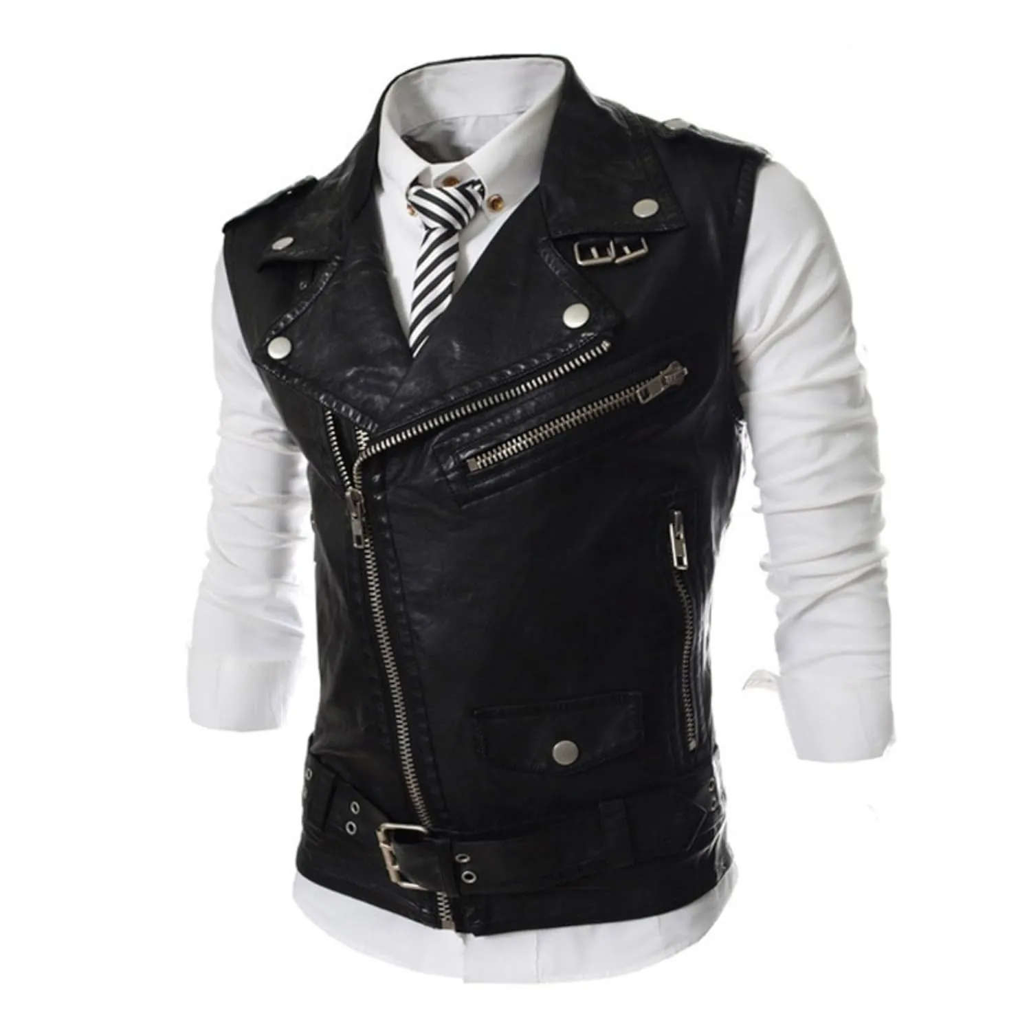 Maiyifu-GJ Men's Faux Leather Biker Sleeveless Jacket Vintage Asymmetric Zip Motorcycle Vest PU Lightweight Punk Belted Coat (Blacka2,X-Large)
