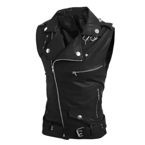 Maiyifu-GJ Men's Faux Leather Biker Sleeveless Jacket Vintage Asymmetric Zip Motorcycle Vest PU Lightweight Punk Belted Coat (Blacka2,X-Large)