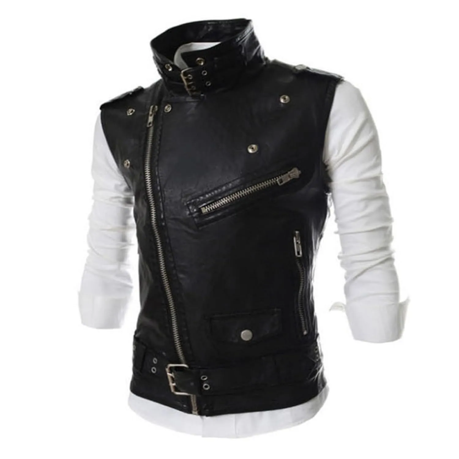 Maiyifu-GJ Men's Faux Leather Biker Sleeveless Jacket Vintage Asymmetric Zip Motorcycle Vest PU Lightweight Punk Belted Coat (Blacka2,X-Large)