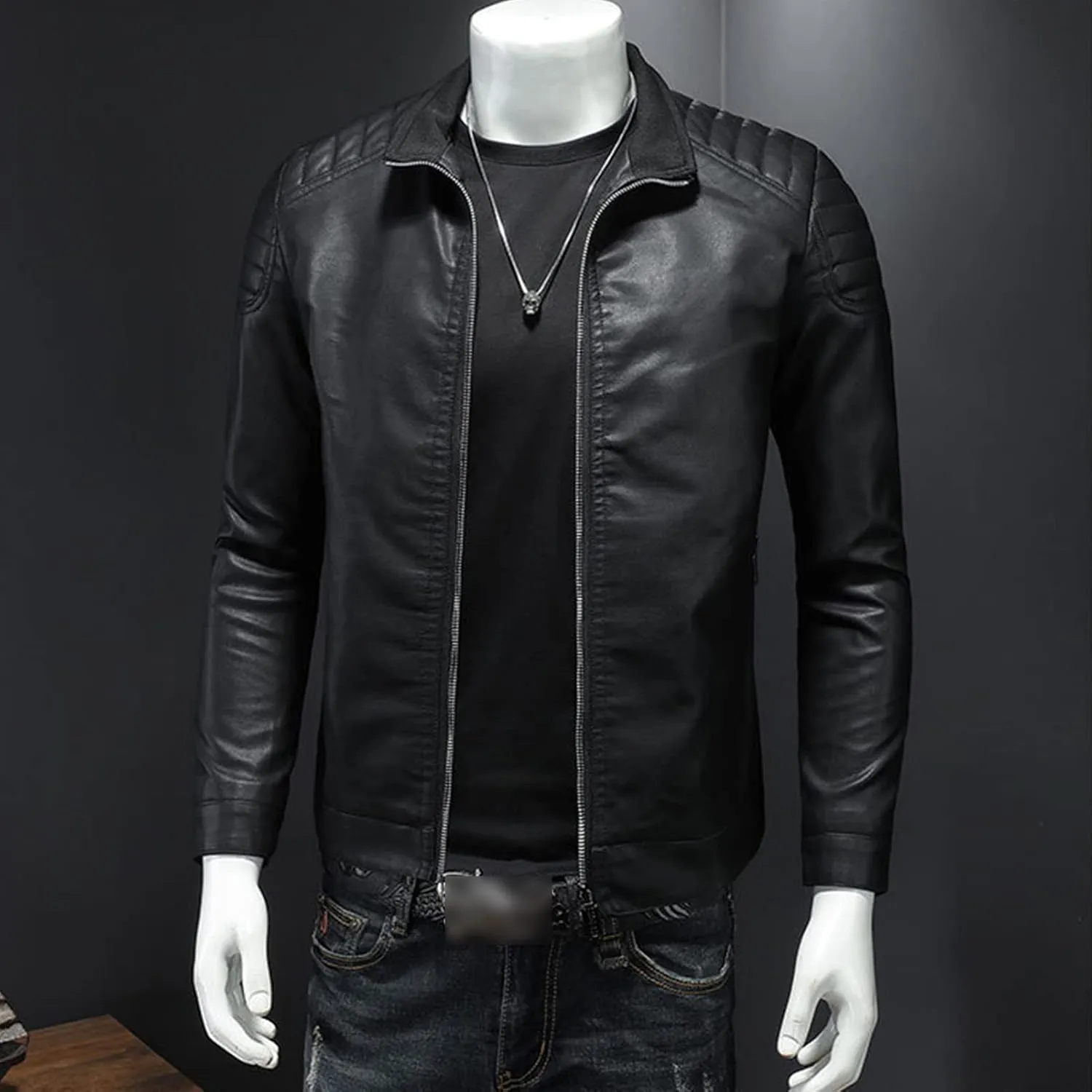 Maiyifu-GJ Mens Faux Leather Motorcycle Jacket Lightweight Slim Fit Stand Collar PU Coat Vintage Zip Up Casual Biker Jackets