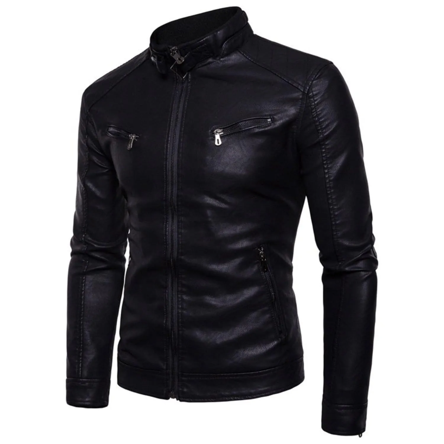 Maiyifu-GJ Men's Stand Collar Faux Leather Jacket Lightweight Vintage Outwear Coat Casual Slim Fit Motorcycle Jackets (BlackA2,X-Large)