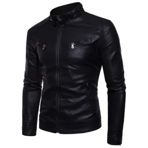 Maiyifu-GJ Men's Stand Collar Faux Leather Jacket Lightweight Vintage Outwear Coat Casual Slim Fit Motorcycle Jackets (BlackA2,X-Large)