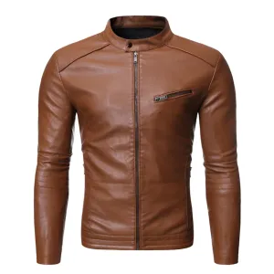 Maiyifu-GJ Men's Stand Collar Faux Leather Jacket Lightweight Vintage Outwear Coat Casual Slim Fit Motorcycle Jackets (BrownA1,X-Large)