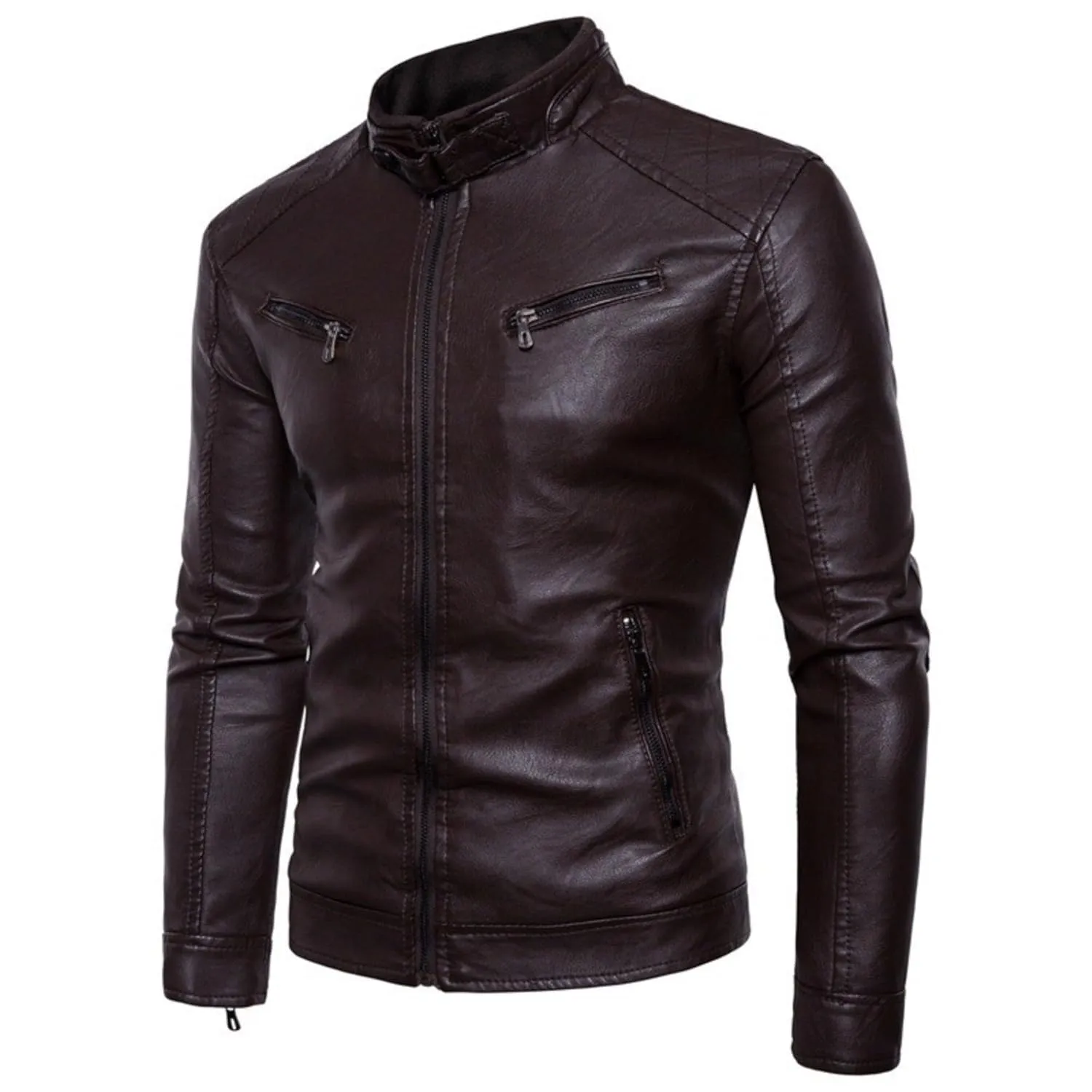 Maiyifu-GJ Men's Stand Collar Faux Leather Jacket Lightweight Vintage Outwear Coat Casual Slim Fit Motorcycle Jackets (CoffeA2,X-Large)