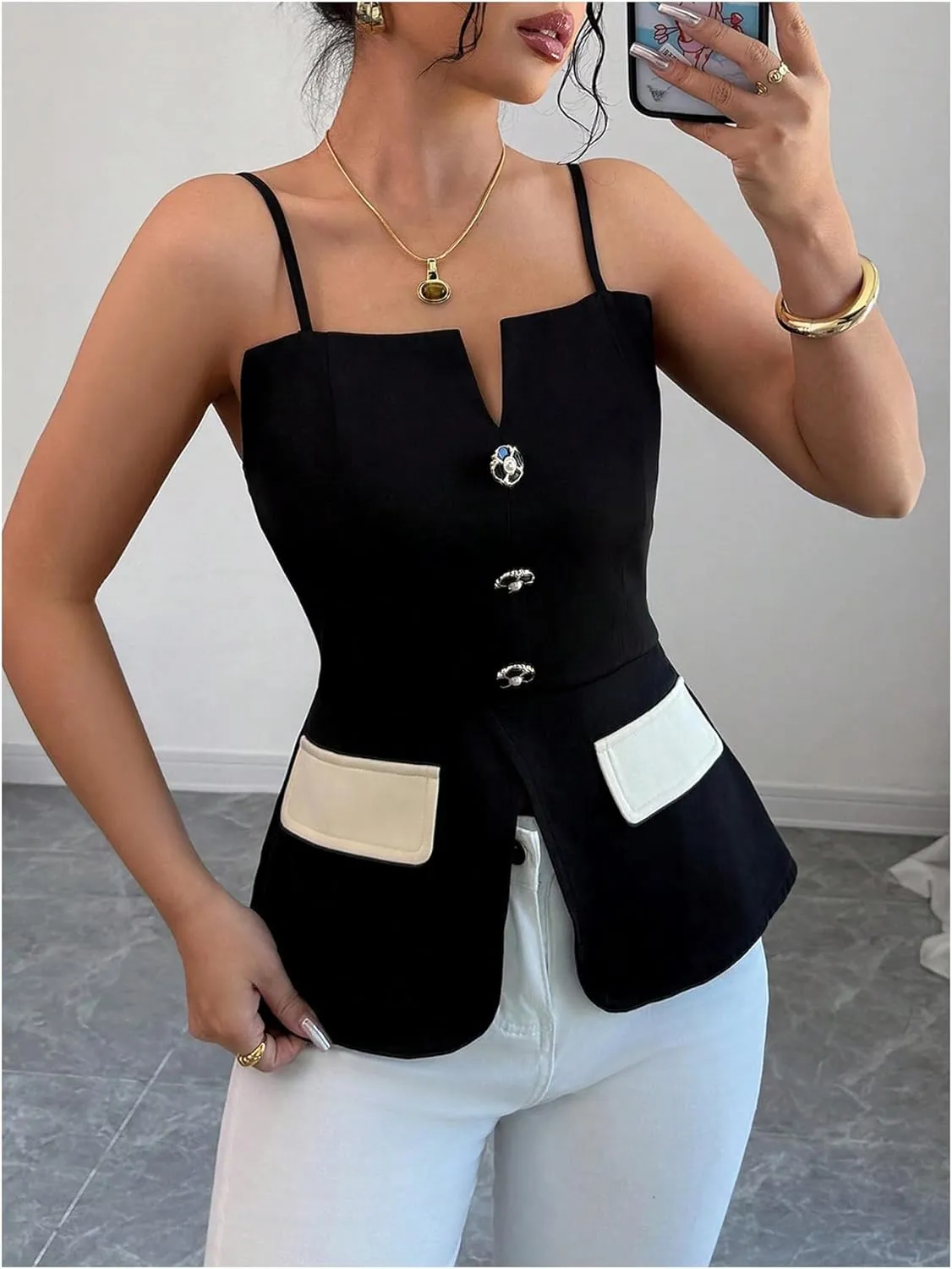 MakeMeChic Women's Elegant Sleeveless Tops Color Block Camisole Top Button Front Backless Camis Shirts