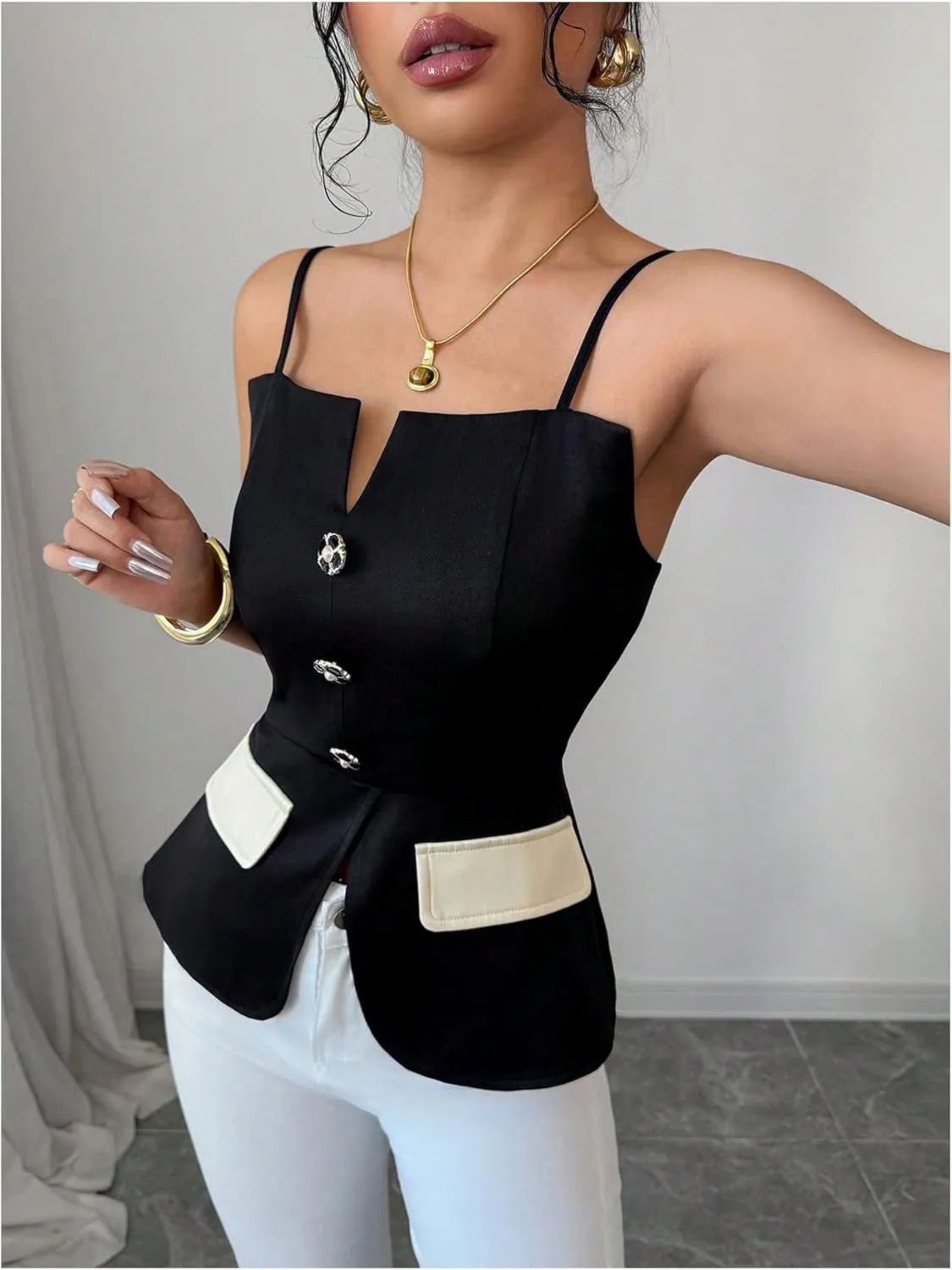 MakeMeChic Women's Elegant Sleeveless Tops Color Block Camisole Top Button Front Backless Camis Shirts