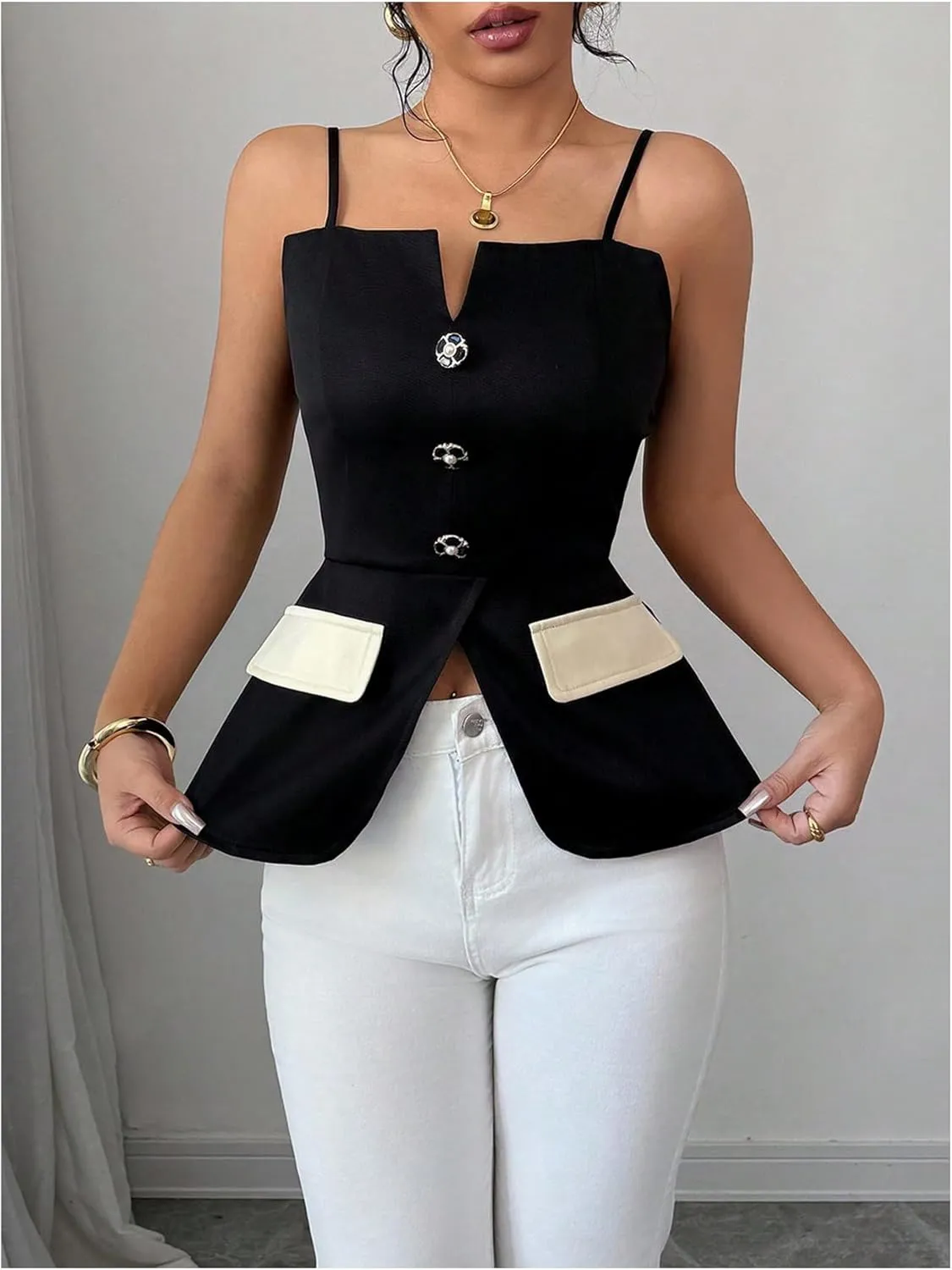 MakeMeChic Women's Elegant Sleeveless Tops Color Block Camisole Top Button Front Backless Camis Shirts