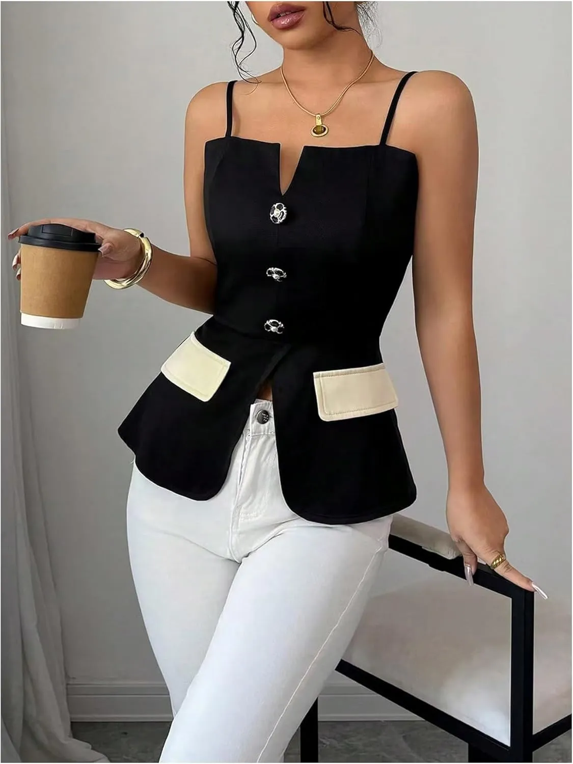 MakeMeChic Women's Elegant Sleeveless Tops Color Block Camisole Top Button Front Backless Camis Shirts
