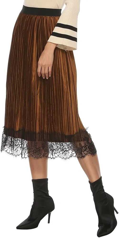 Maketina Womens Lace Trim Midi Pleated Skirts Summer High Waisted A Line Long Skirts 2024