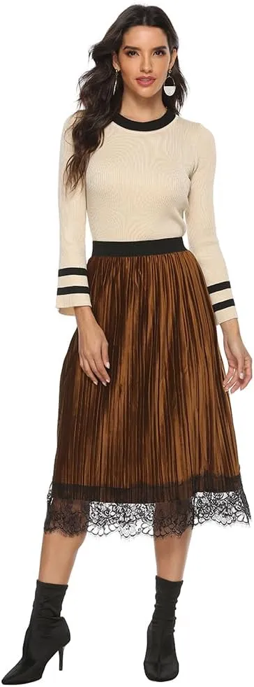Maketina Womens Lace Trim Midi Pleated Skirts Summer High Waisted A Line Long Skirts 2024