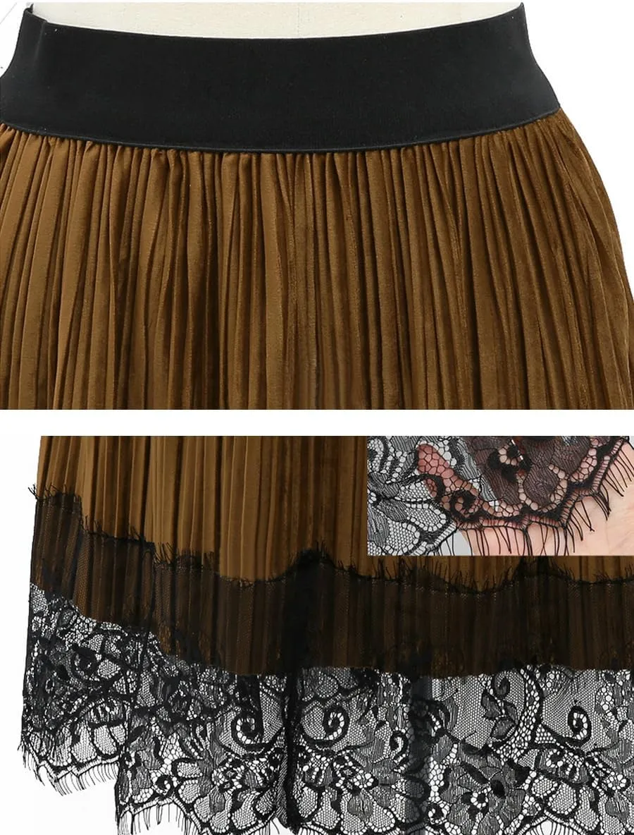Maketina Womens Lace Trim Midi Pleated Skirts Summer High Waisted A Line Long Skirts 2024