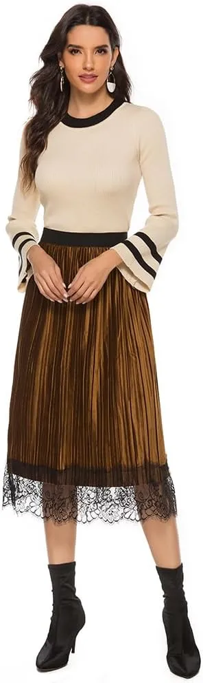 Maketina Womens Lace Trim Midi Pleated Skirts Summer High Waisted A Line Long Skirts 2024