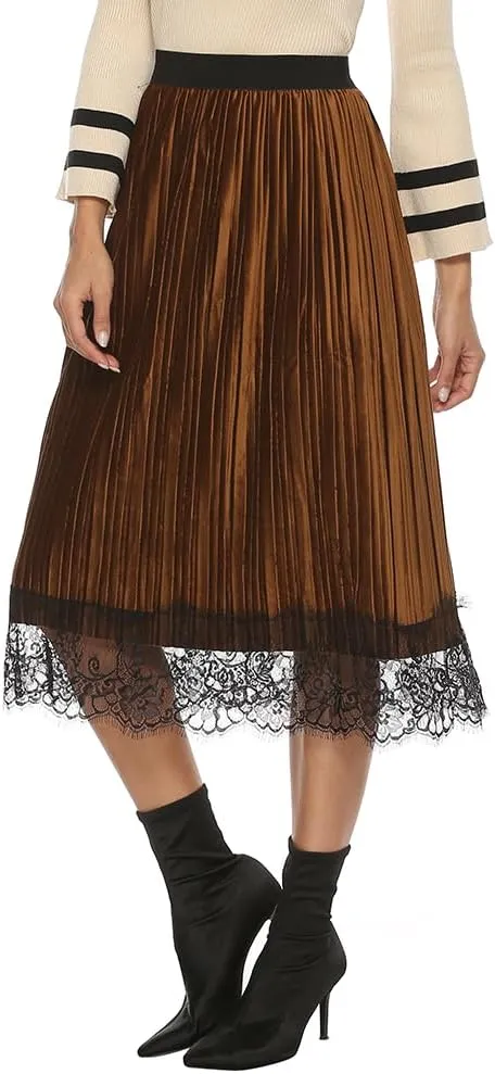 Maketina Womens Lace Trim Midi Pleated Skirts Summer High Waisted A Line Long Skirts 2024