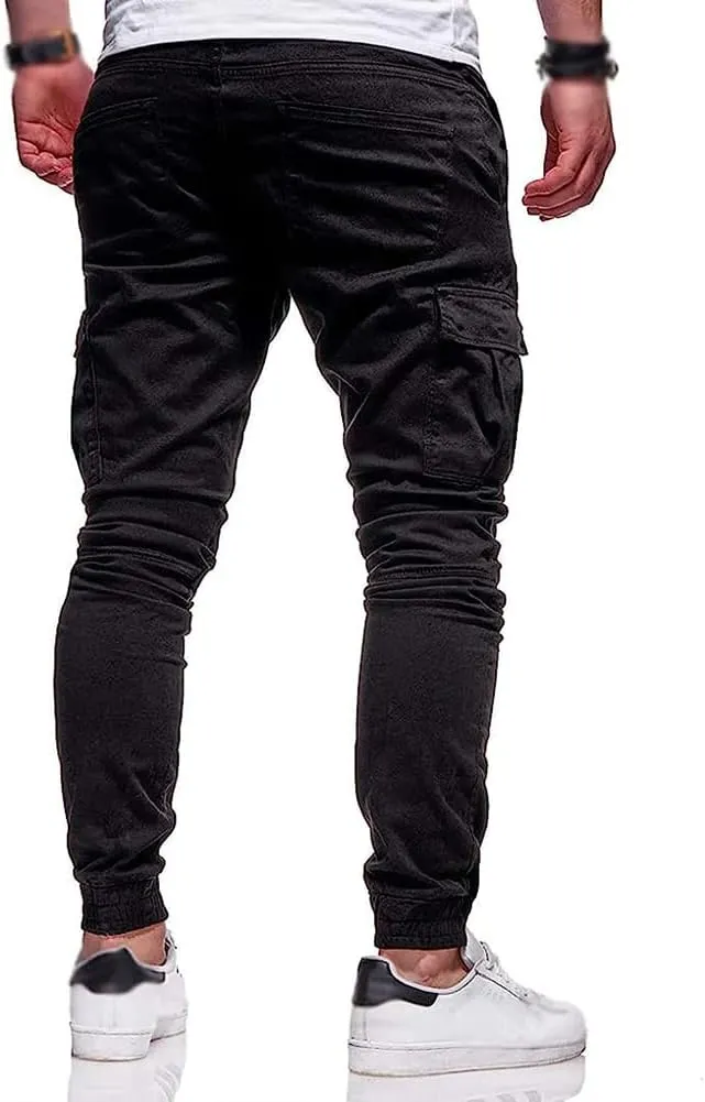 Men Joggers Chino Pants Drawstring Sports Athletic Workout Fitness Track Cargo Tapered Jogging Trousers
