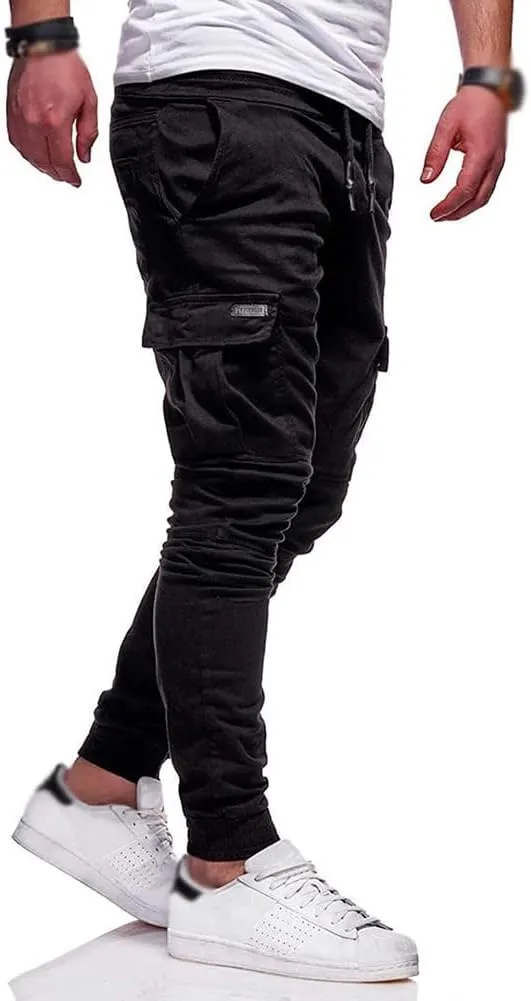 Men Joggers Chino Pants Drawstring Sports Athletic Workout Fitness Track Cargo Tapered Jogging Trousers
