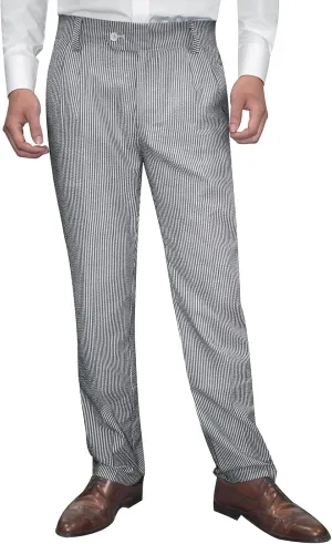 Men Seersucker Pinstripe Pants Mid Waist Ankle Length Pleated Front Lightweight