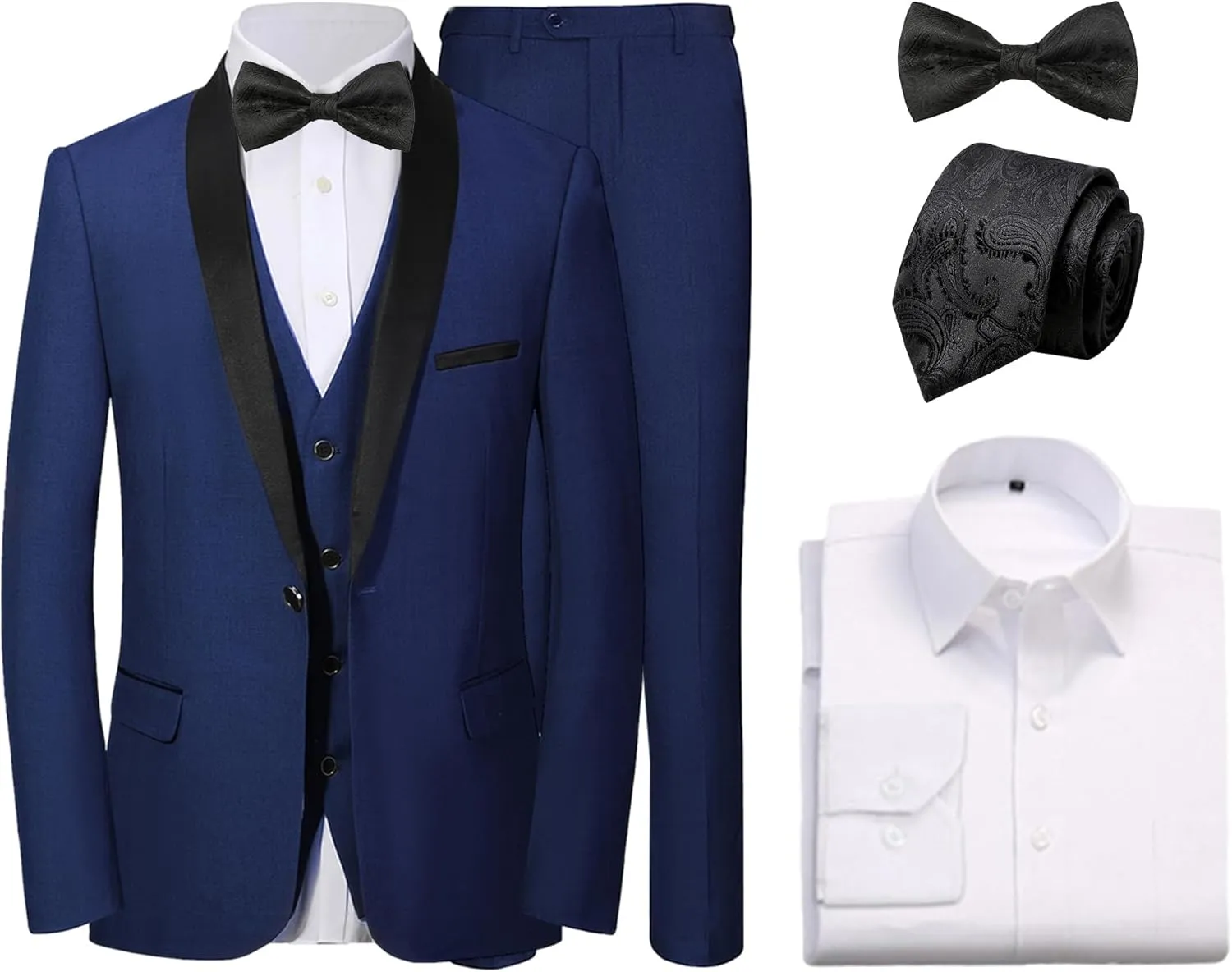 Men's 6 Pieces Slim Fit Suit 1 Button Blazer Jacket Vest Pants Shirts Tie Bow Tie Tuxedo Set for Dinner Party Wedding