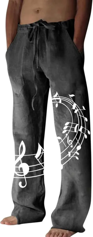 Men's Casual Linen Pants Lightweight Loose Fit Trousers Straight Trouser Elastic Drawstring Waist Yoga Beach Pants
